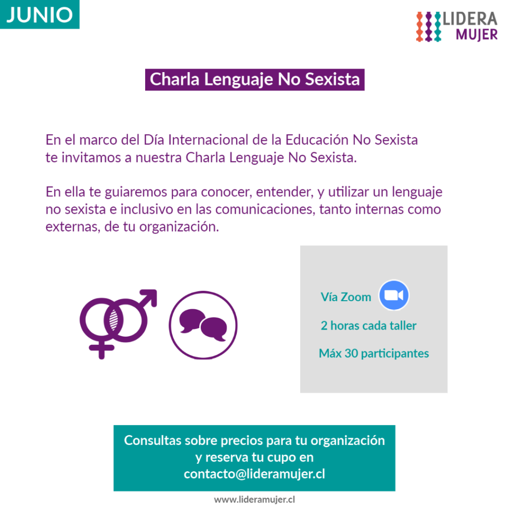 Afiche de la charla "Lenguaje no Sexista", parte de la oferta de Workshop de junio.