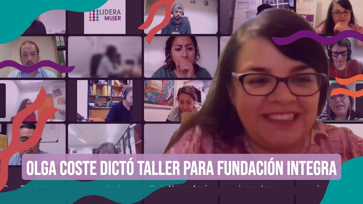 Aparece un pantallazo a las y los participantes del taller que dictó Olga Coste para Fundación Integra. Además, aparece la imagen de Olga encima como personaje principal.