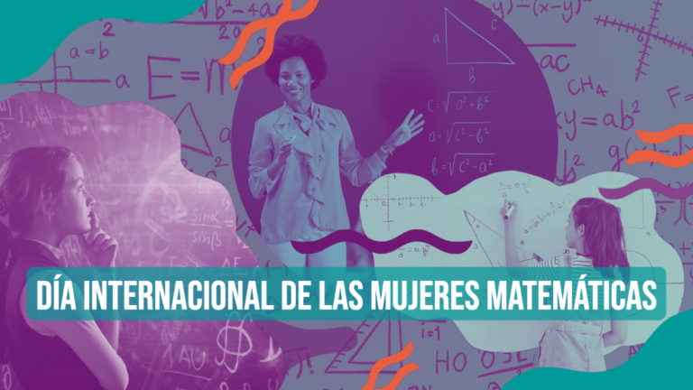 Banner para el Día Internacional de las Mujeres, donde aparecen dos mujeres y una niña en diversas actividades relacionadas a las matematicas.
