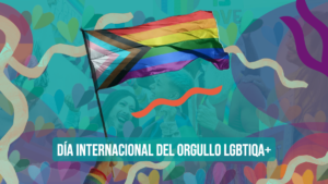 Banner para el Día del Orgullo LGBTIQA+ con la bandera LGBTIQA+ del progreso como el objeto central de la imagen.